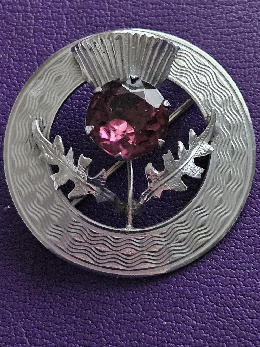 Silver Thistle Brooch with Purple Center Stone